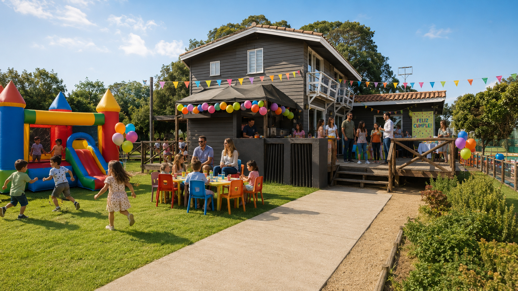 Cumpleaños infantil de día en la explanada con juego inflable
